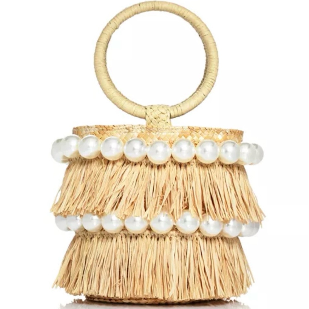 BTB Los Angeles Liv Raffia Bucket Bag with Pearl Accents Like New